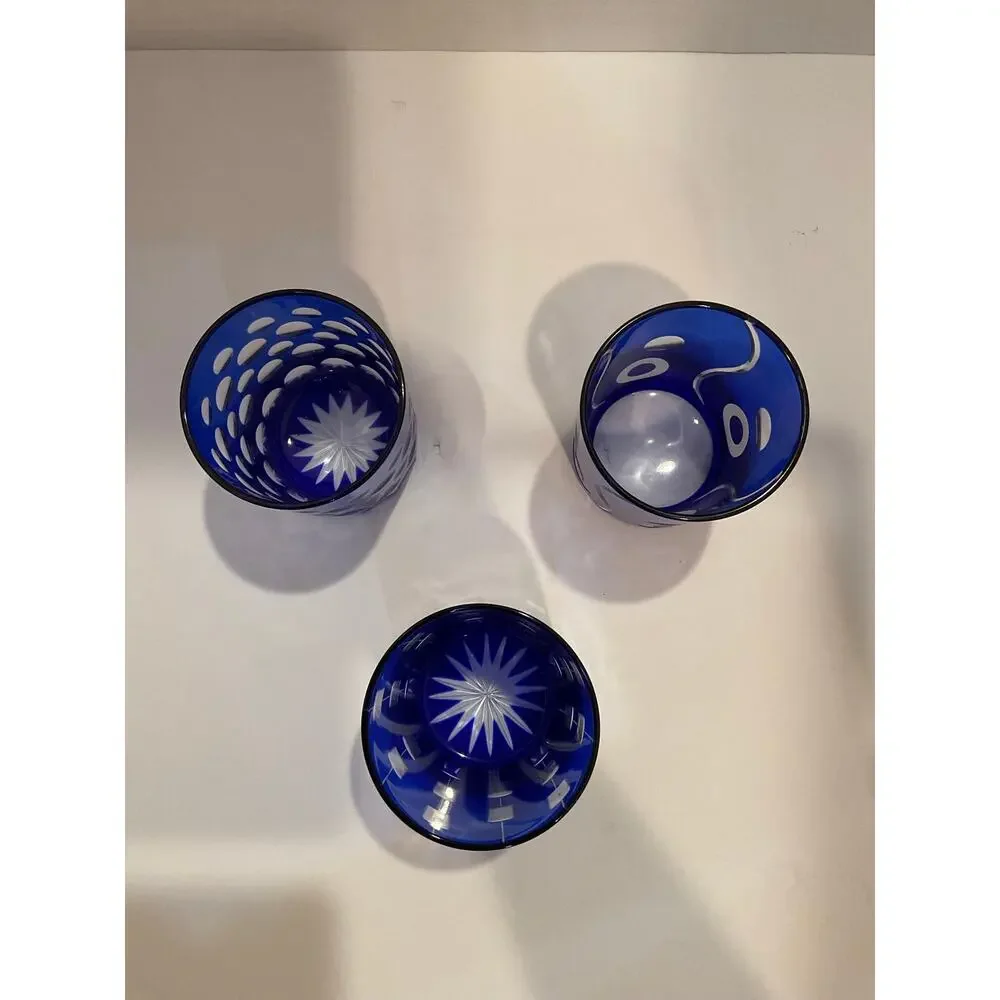 Bohemian Czech Crystal Cobalt Blue Tumblers by Ajka Crystal-Set of 3